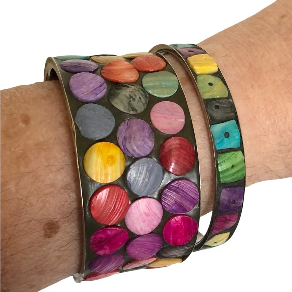 Two Silver Abalone Shell Colorful Inlay Bangle Br… - image 5